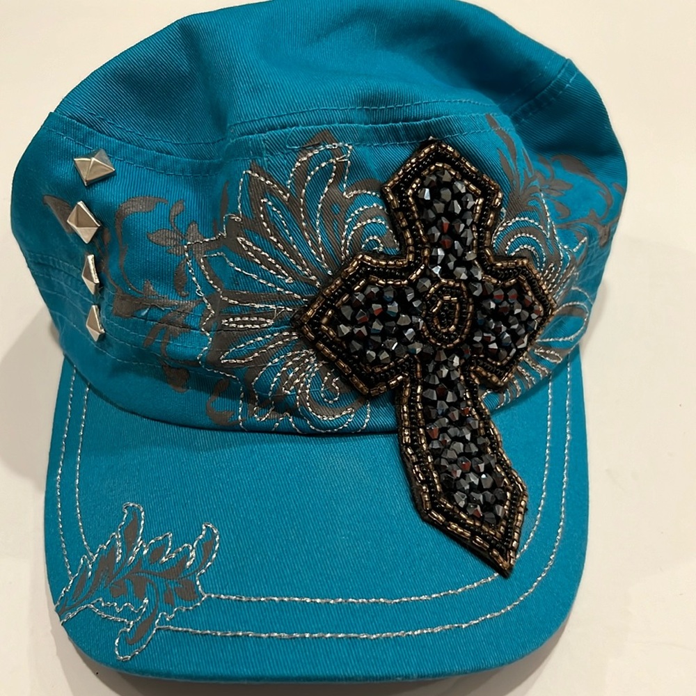 Charming Charlie Baseball Cap Hat Turquoise Blue Cross